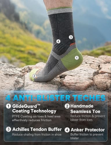 Juclise Merino Wool Breathable Hiking Socks Compression Lightweight Moisture Wicking Seamless Anti-Blister Cushioned