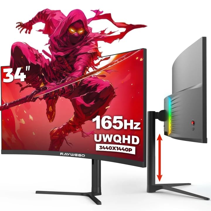 Raywego 34 Inch Ultrawide Monitor 3440 x 1440P Curved Gaming Monitor,Swivel/Height Adjustable,21:9 Aspect Ratio with RGB Backlig