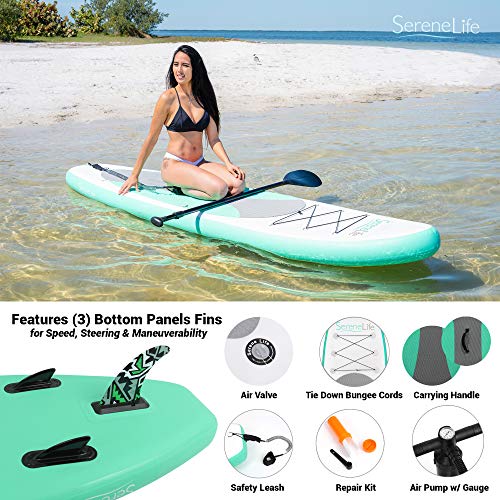 SereneLife Inflatable Stand Up Paddle Board - Wide Stable Design, Non-Slip Deck for Adults & Youth with Premium Paddle Boa...