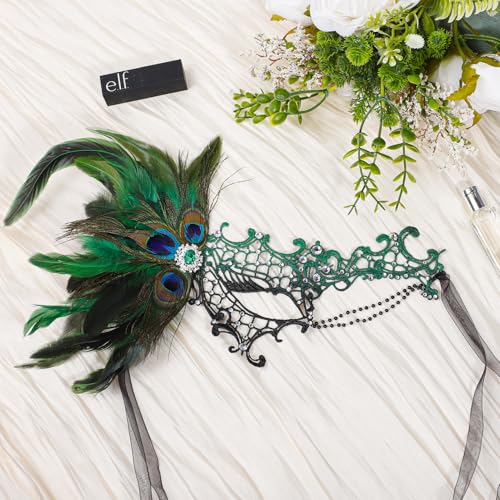 BEARAE Masquerade Mask for Women, Feather Lace Mardi Gras Mask, Peacock Venetian Costume Masks for Womens Masquerade Party