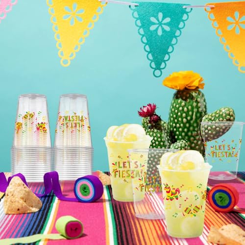 AIBIIN 50 PCS Fiesta Party Plastic Cups 12 oz Mexican Cinco De Mayo Clear Disposable Plastic Cups Decorations Taco Bar Le...