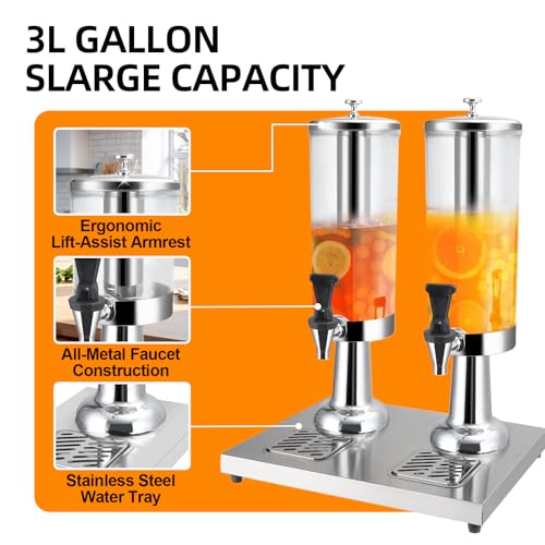 1 Gallon Commercial Beverage Dispenser with Centre Ice Core and Stand Drip Trays Stainless Steel Cold Drink Dispenser for ...