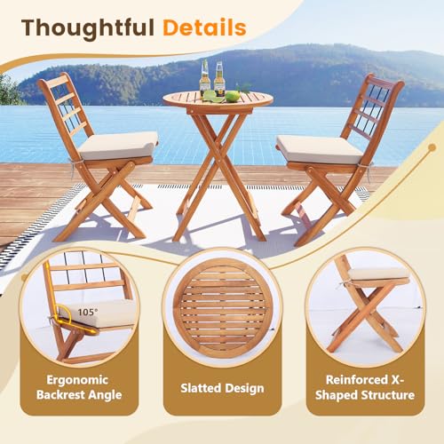Tangkula 3 Piece Patio Wood Bistro Set, Folding Table Chair Set w/Soft Seat Cushions, Acacia Wood Frame, High-Back Portabl...