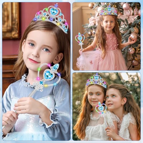 Vicloon 2PCS Light Up Princess Crown and Wands, Princess Dress Up Accessories for Little Girls Christmas Birthday Cosplay