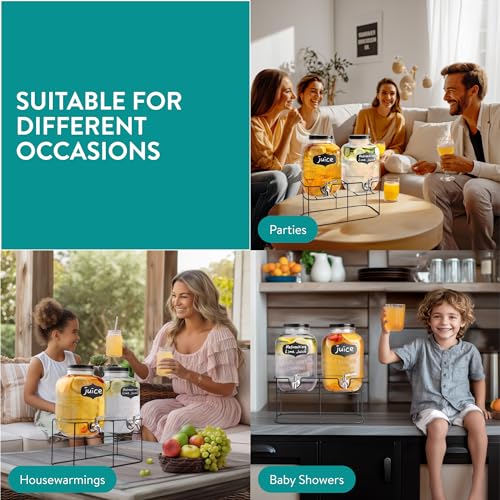 Navaris Glass Double Jar Drink Dispenser with Tap - Includes Metal Stand - For Cocktail Drinks, Lemonade, Water or Beverag...