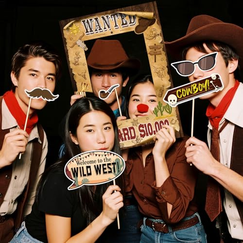 SKJIAYEE 25 Pcs Brown Western Cowboy Cowgirl Party Decorations - Large Size Western Wanted Photo Booth Frame and Wild West...