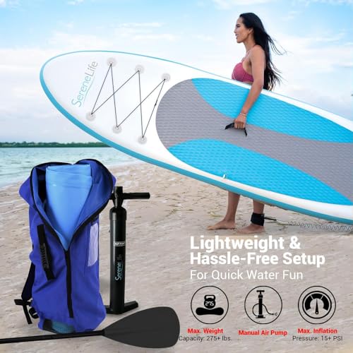 SereneLife Inflatable Stand Up Paddle Board (6 Inches Thick) with Premium SUP Accessories & Carry Bag | Wide Stance, Botto...
