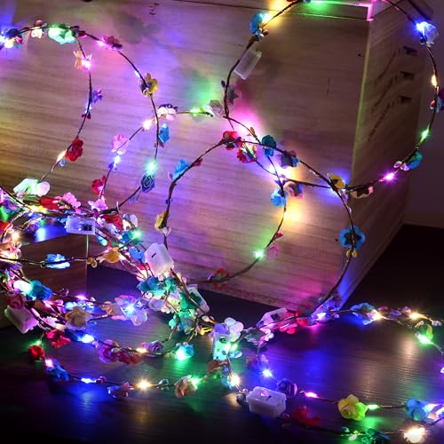 QSJQllo 20 Pcs LED Flower Crowns Headbands,Light Up Headbands For Women,Glow In The Dark Headband Wreath,Suitable For Birt...