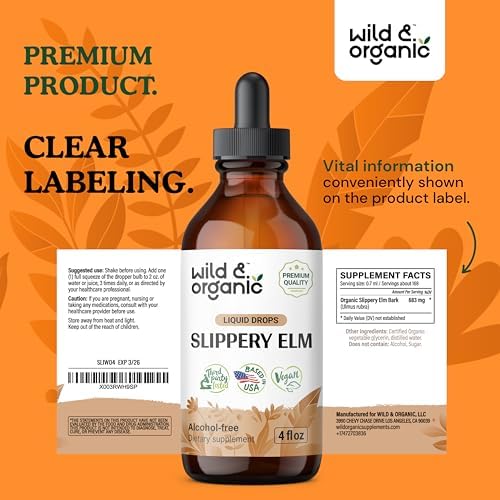 Wild & Organic Slippery Elm Liquid Drops - Lung, Digestive & Women's Support - Slippery Elm Bark Extract Tincture - Ulmus Rubra Supplement - Vegan, Sugar & Alcohol-Free - 4 fl oz