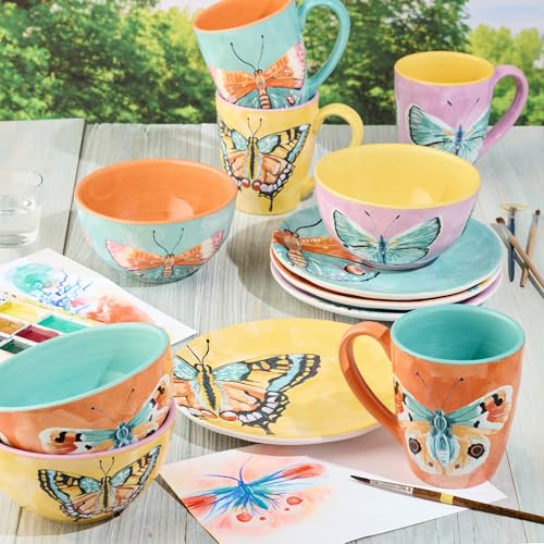 Butterflies Set of 4 Hand-Painted Ceramic Mugs – 16oz Coffee and Tea Cups with Bright Butterfly Designs in Yellow, Pink, O...