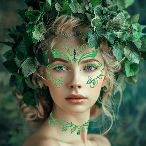 Itscolofy Green Face Jewels Stickers Halloween Ivy Costume, Glitter Green Face Gems Self Adhesive Glue Festival Makeup Cos...