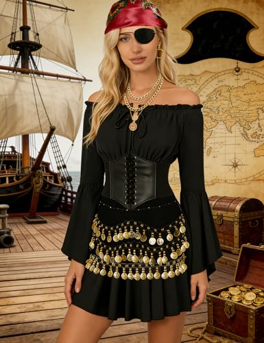 INFLATJOY Pirate Costume Women with Off Shoulder Dress Gold Sequin Belt Accessories Halloween Set Costume