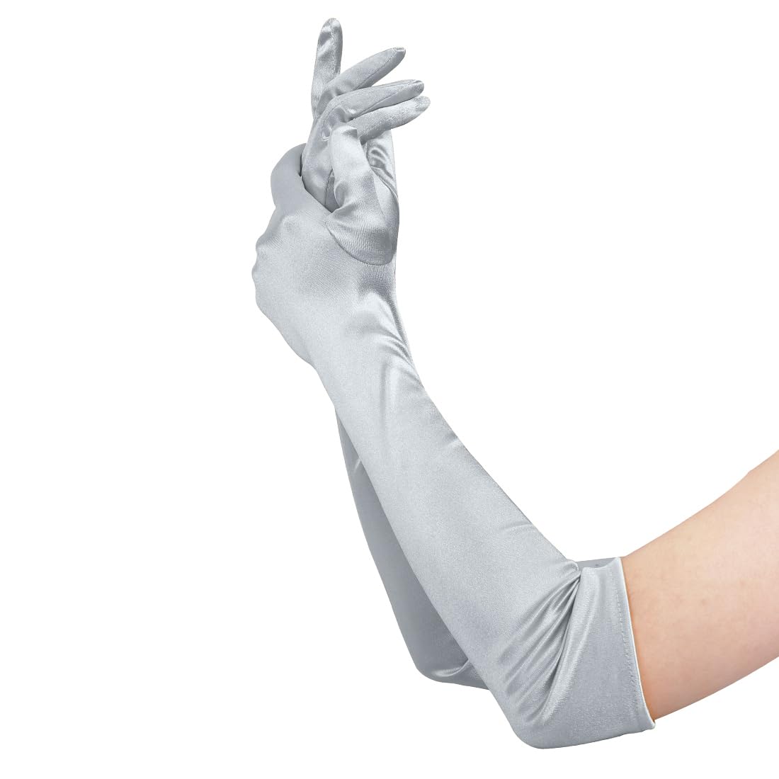 Long Opera Party Gloves for Women 1920s 20s Satin Gloves Costumes Elbow Length Bridal Evening Dress, 21.6 inches (Silver)