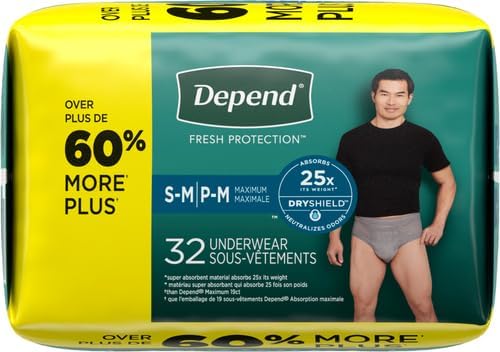 Depend Incontinence Underwear for Men, Small/Medium, 32 Count | Maximum Protection | Grey | Disposable | Pack of 2