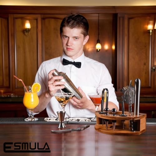 Esmula Bartender Kit with Stylish Bamboo Stand, 12 Piece 25oz Cocktail Shaker Set for Mixed Drink, Professional Stainless ...