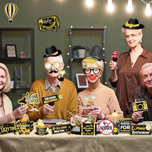 HOWAF Retirement Party Photo Booth Props Kit - 26pcs Selfie Props & 1 Frame, Fun Retire Party Favors