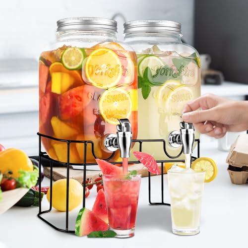 1 Gallon Glass Drink Dispensers For Parties,Lemonade Beverage Dispenser With Stand And Spigot For BBQ, Picnic, Party,Laund...