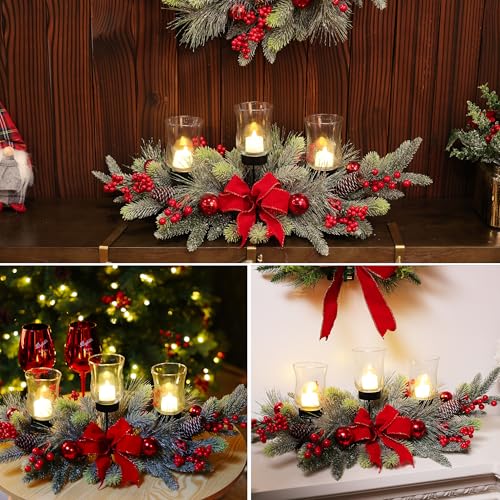 Red Christmas Table Centerpiece,Christmas Decoration Cedar with 3 Candlestick Glass Cup, Red Berry, Balls for Holiday Part...
