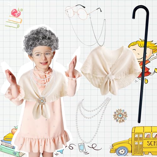 100 Days of School Costume for Girls Kids 100th Day of School Outfit 100 Year Old Outfit Grandma Granny Dress Up Old Lady ...
