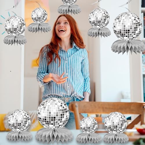 15 PCS Silver Disco Theme Honeycomb Centerpieces Disco Ball Party Decorations 70s Disco Party Table Centerpieces for Back ...