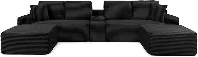 150" Oversized Modular Sectional Sofa,Deep Seat Cloud Corduroy Boneless Couch with Cup Holders,USB Ports, Wireless Charging & Storage Box,Upholstered Modular Sleeper Sofa for Living Room (Black)