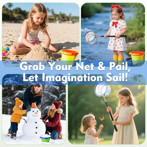 2PCS Kids Fishing Nets with Bucket - Telescoping Handle Retractable Landing Net Lightweight Aluminum Pole for Catch and Re...