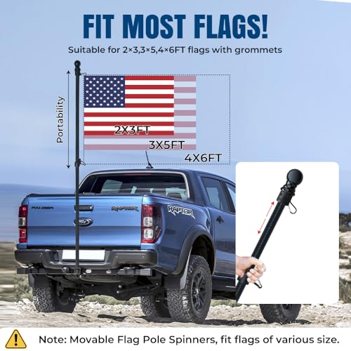 FFN 5’ Foot Premium Tangle-Free Carbon-Fiber Flag Pole for House Porch Patio, 2 Sections Black Flag Poles with Mount, Brac...