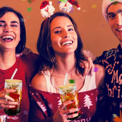 Umigy 8 Pack Christmas Glass Cups 16 oz Christmas Drinking Glasses Bulk with Lids and Straws Xmas Tumbler Drinking Glasses...