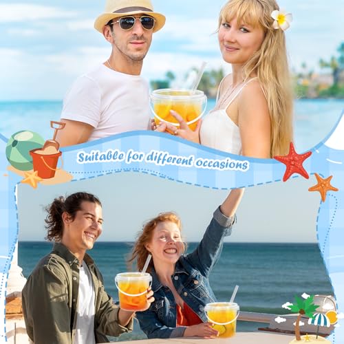 FYSUIMU 50Pcs Clear Plastic Cups with Lids & Straws 32 Oz Drink Bucket with Handle Disposable Cocktail Pails for Beach Poo...