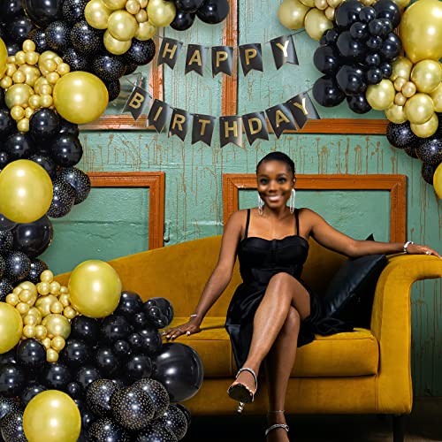 Black Gold Confetti Balloons 50 Pack 12 inch Black and Gold Metallic Latex Balloons with 1 Rolls of Ribbon for Birthday Gr...