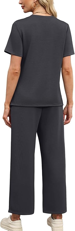 WIHOLL Two Piece Sets for Women Summer Travel Vacation Outfits Short Sleeve Lounge Sets Side Slit Wide Leg Pants S-3XL