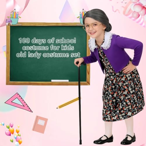 ZFQI Kids Old Lady Costume for Girls 100 Days of School Costume Grandma Costumes Dress Up for Halloween 3-10 Years