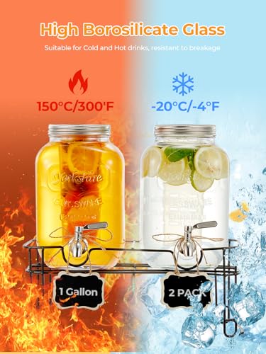 Drink Dispensers for Parties 1 Gallon, 2-PACK Glass Beverage Dispenser with Leakproof Stainless Steel Spigot, Stand, Ice C...