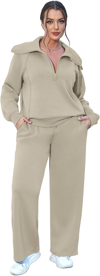XIEERDUO Lounge Sets For Women 2025 Half Zip Sweatshirt And Wide Leg Sweatpant 2 Piece Outfits Sweatsuit Tracksuit