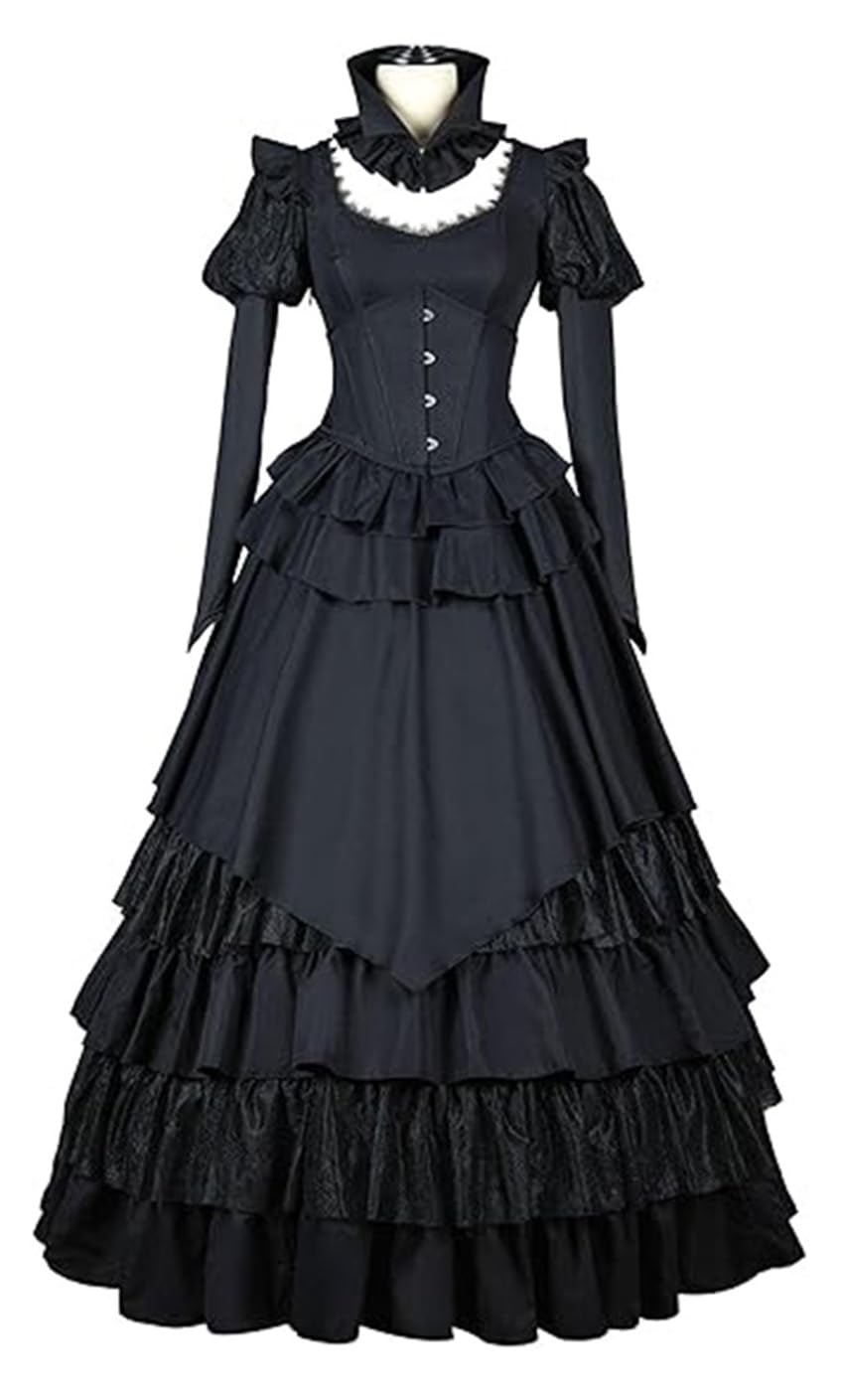 Gxejoar Medieval Retro Gothic Black Dress Princess Party Gown Womens Palace Cosplay Costume Halloween Outfits (Black, X-Large)