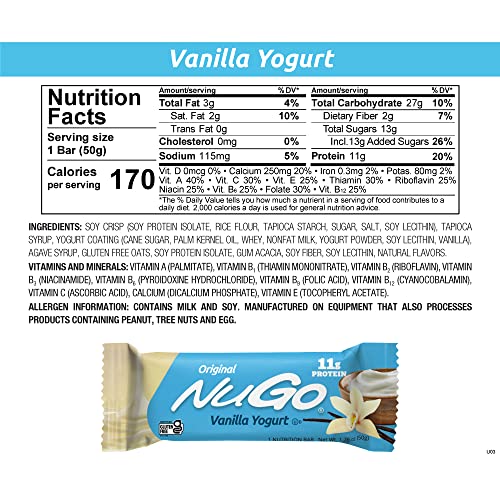 NuGo Protein Bar, Vanilla Yogurt, 11g Protein, Gluten Free, 15 Count