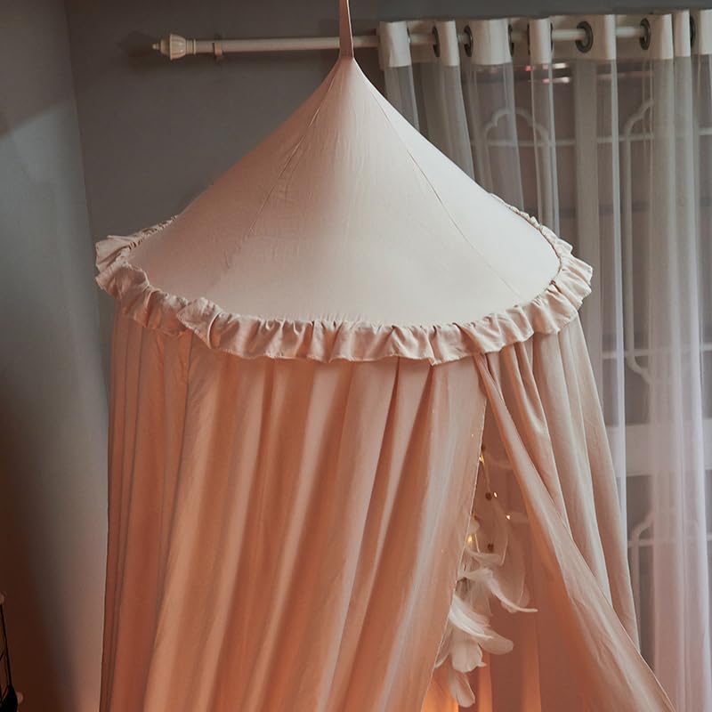 PlentiVive Princess Bed Canopy for Girls - 100% Cotton with Ruffles, Dreamy Pink Hanging Tent for Crib, Bed & Reading Noo...