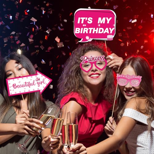 30Pcs Pink Girl Birthday Photo Booth Props with Sticks,Hot Pink Girls Birthday Party Decoration Supplies for Girls Women D...