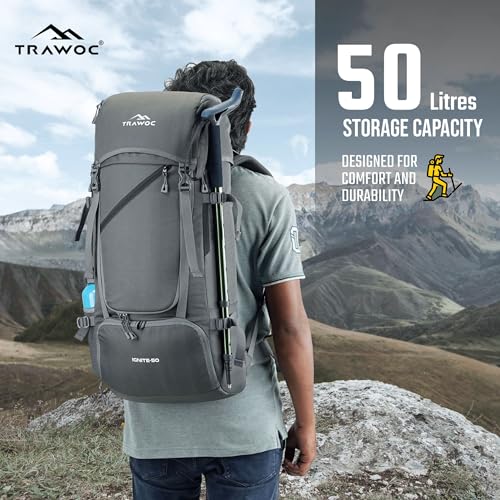 TRAWOC IGNITE 50L Travel Backpack-Front & Top Open for Hiking,Trekking, Unisex Rucksack SHK020-Grey
