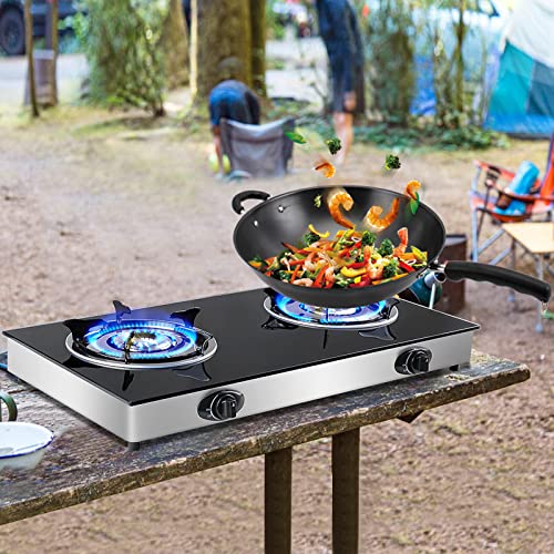 forimo Propane Gas Cooktop 2 Burners Gas Stove portable Tempered Glass Double Burners Stove Auto Ignition Camping Double B...
