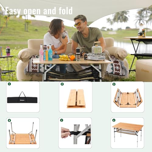 KingCamp Bamboo Folding Table with Storage Mesh Layer & Padded Oversized Camping Chair