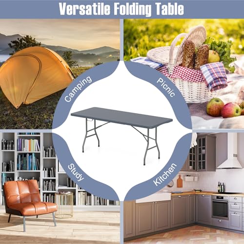 Folding Table, HDPE Portable Table with 6 ft Long Tabletop, Metal Frame Picnic Camping Table with Safe Lock, Collapsible D...