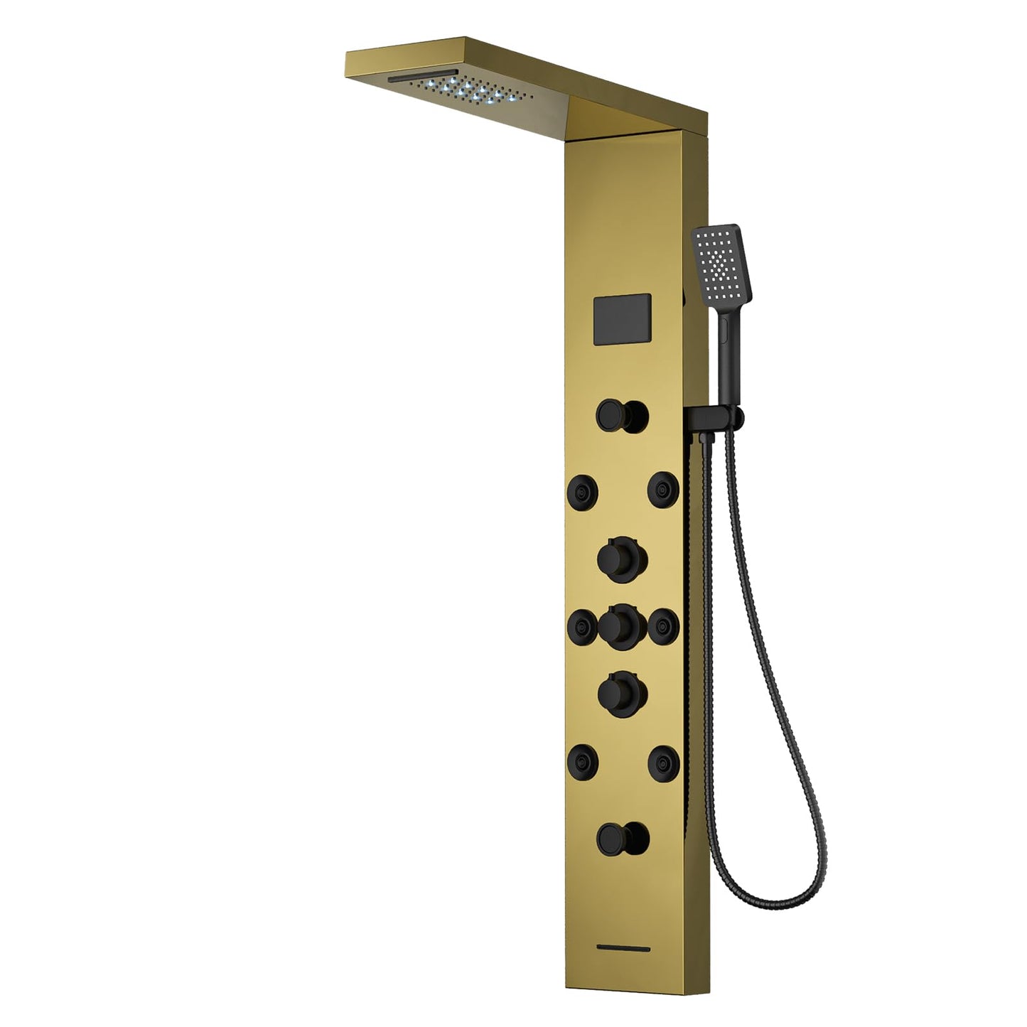 BATHLAVISH Shower Panel Tower System Stainless Steel LED Rainfall Waterfall Shower Head 5-Function Faucet Rain Massage System Wall Mount with 8 Body Jets, Handheld, and Tub Spout, Gold