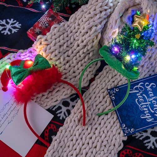 JOYIN 2 PCS Christmas LED Headband, Tree and Elf Hat Designs Headband with LED Lights for Christmas Party Decoration