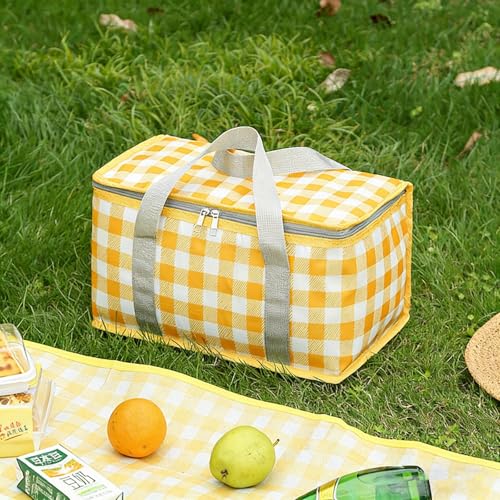Large Insulated Leakproof Picnic Cooler Bag Gingham Pattern Soft Sided Tote, Portable for Outdoor Travel Camping BBQ
