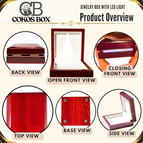 Necklace Box with LED Light – Small Jewelry Display Case for Bracelet, Earrings, or Chains – Luxury Lighted Wooden Presentation Box for Gifts, DIY Crafts (Mahogany Cream Interior, 4 X 4 Inch)