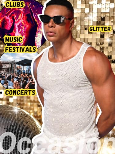ChiaoLezhee Men's Rhinestone Mesh Tank Tops, Sparkly Rave Festival Outfits Sexy Sheer Muscle Shirts (Fit Chest 30-40")