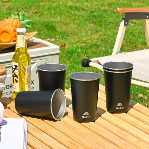 HurOutd 8 Pack Stainless Steel Cups 16oz -Black Stackable Metal Drinking Glasses for Camping, Travel, Shatterproof Tumblers