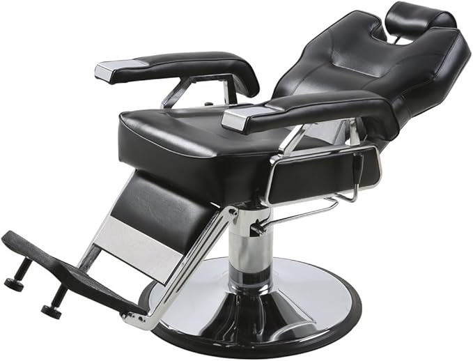 Buy-Rite K.O. Professional Barber Chair - Fully Reclining Hydraulic Barbering Chair with 360Β° Swivel, Adjustable Headrest, Extra-Wide Seat & 28" Chrome Base for Barbershops, SY-31307