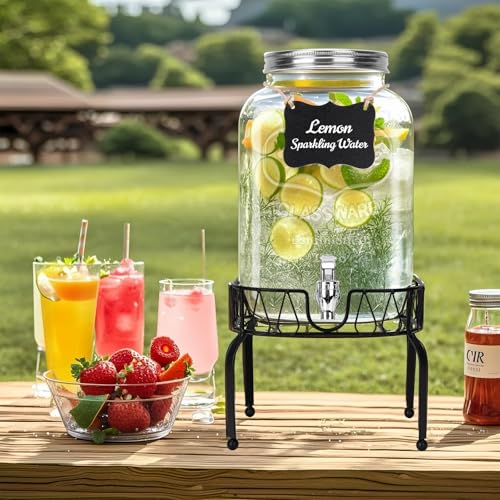 DHSBTLS 2 Gallon Glass Drink Dispensers, 1 Pack Clear Beverage Dispenser for Party, BBQ and Picnic, Juice Dispenser with I...